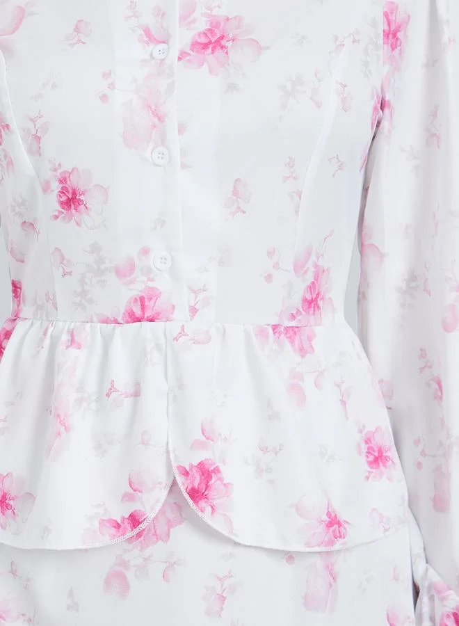 Styli Women White Floral Print Ruffle Trim Midi Dress